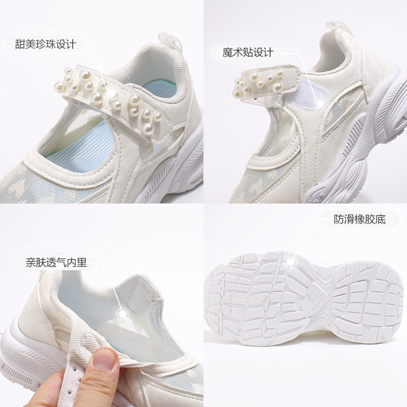 ZllKl  Girls Sneaker  Summer New Children's Shoes All-Matching Little Girl Hollow Mesh Surface Breathable White Shoes Fashion