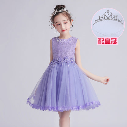 ZllKl  Children's Dress Summer Hot Sale Flower Girl Puffy Gauze Princess Dress Girl Baby Host Costume for Piano Performance Skirt