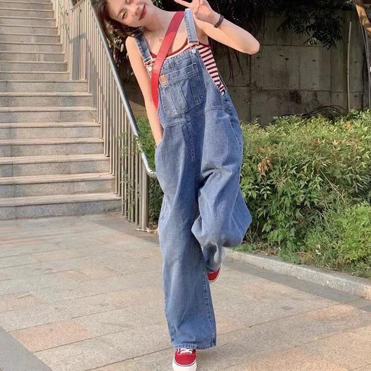 Retro Hong Kong Style Salt Denim Suspender Pants for Women Spring and Summer New Internet Celebrity Fried Street Loose Straight Wide Leg Mop Trousers