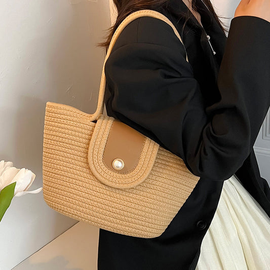 ZllKl  Large Capacity Women's Shoulder Bag Crossbody Hand-Held Tote Straw Woven Woven Bag Pearl Cotton Underarm Pleated Cloud Design