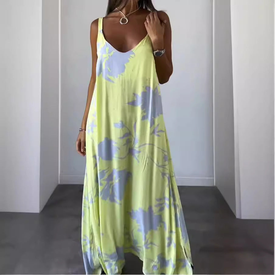 Zllk  Summer Cross-Border European and American Women's Clothing New  Vacation Dress Printed Strap Backless V-neck Dress