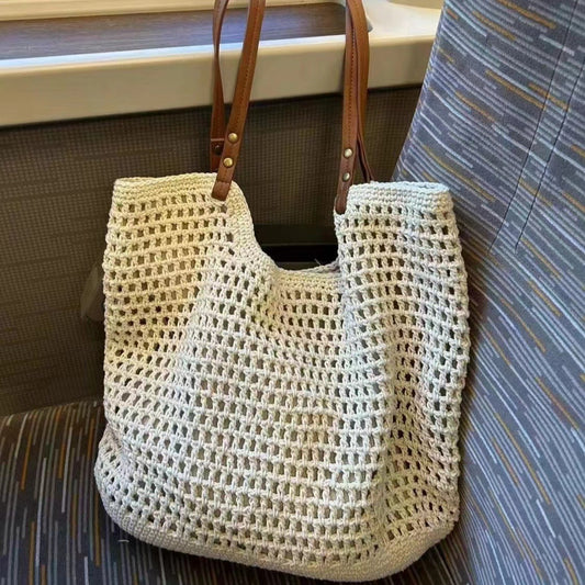 ZllKl  Casual Large Capacity Shoulder Cotton Thread Woven Bag New Hollow Mesh Tote Bag Seaside Vacation Beach Bag Women's Bag