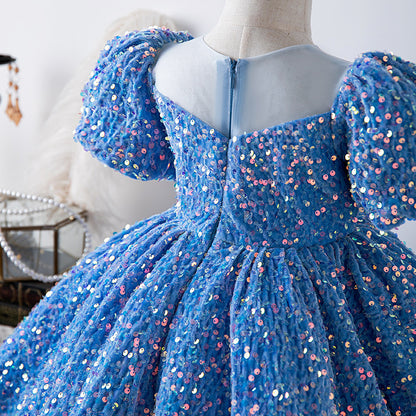 ZllKl  Blue Sequined Children's Dress Girl Princess Dress Birthday Full-Year Baby Girl Catwalk Host Piano Performance Wear