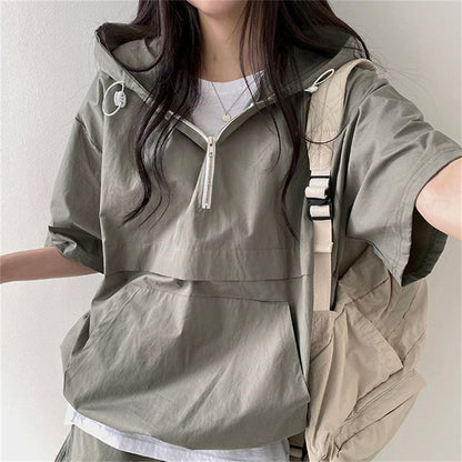 ZLLKL 2025 Korean version of solid color fashion casual short-sleeved suit women's  summer new fashion loose hooded sportswear versatile