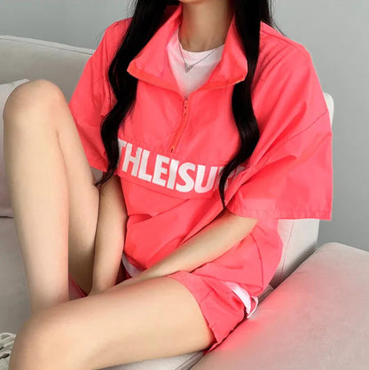 ZllKl Wholesale shorts women's two-piece set turtleneck zipper new summer Korean version casual sportswear set loose trendy brand