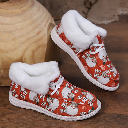 ZllKl Cross-Border New Arrival Santa Claus Pattern Canvas Shoes, Christmas Style Plush Lining Loafers, Warm in Winter