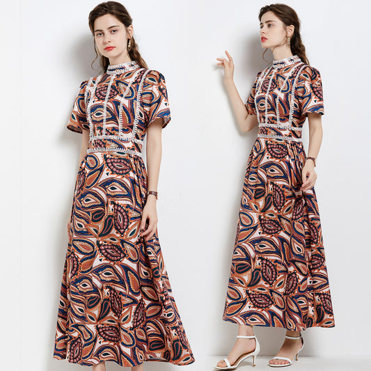 ZllKl  Hot Sale European and American New Stand Collar Short Sleeve Waist-Controlled Large Swing Dress Retro Printed Temperament Dress