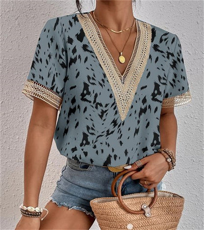 ZllKl  Cross-Border EBay  Women's Clothing V-neck Lace Loose Top Temperament Commute Short Sleeve Digital Printed T-shirt