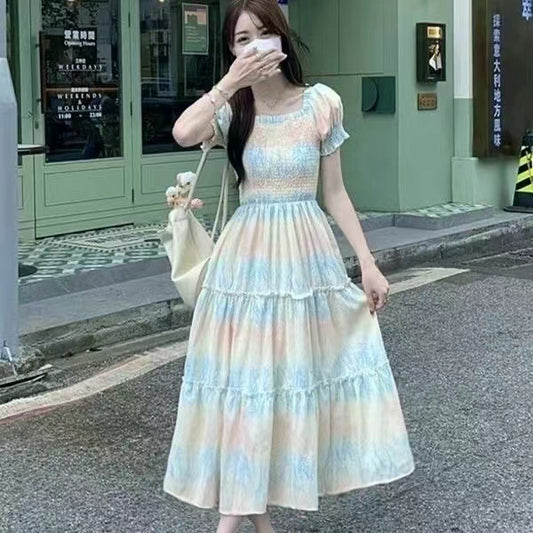 ZllKl  Style Platycodon Grandiflorum Floral Dress Women  Summer New Temperament Waist-Controlled Thin over the Knee Mid-Length Skirt Women's Clothing