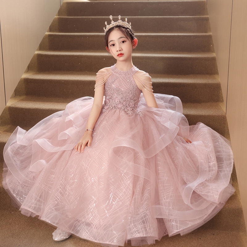 ZllKl  Children's Dress Girls Birthday Princess Dress Dresses of Bride Fellow Kids Light Luxury Minority Children Host Piano Performance Pink