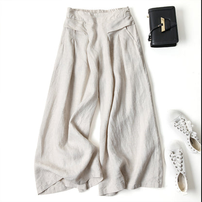 ZllKl  [In Stock Wholesale] Cotton and Linen Wide-Leg Pants Skort Women's Draping Loose Half Elastic High Waist Slimming Cropped Pants