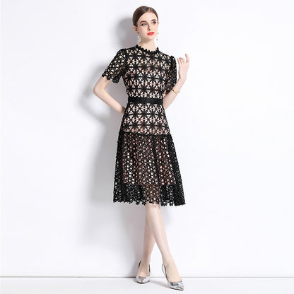 Lightly Mature Design  Style Retro Minority Sexy Hollow out Lace Short Sleeve Dress Women's Summer Wear 2023 New