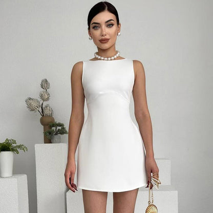 2025 Q24DS228  New women's clothing summer new solid color sleeveless backless slim high waist A-word short dress