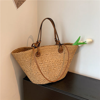 ZllKl  Luo Jia Same Style Non-Standard Straw Bag Large Capacity Simple Handmade Woven Portable Shoulder Bag Female Summer Seaside Beach