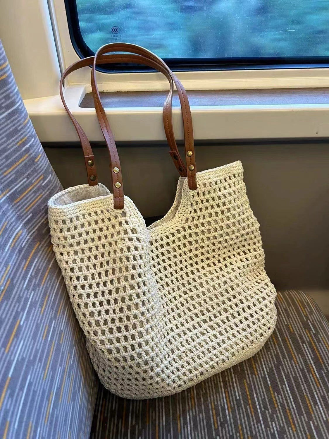 ZllKl  Casual Large Capacity Shoulder Cotton Thread Woven Bag New Hollow Mesh Tote Bag Seaside Vacation Beach Bag Women's Bag