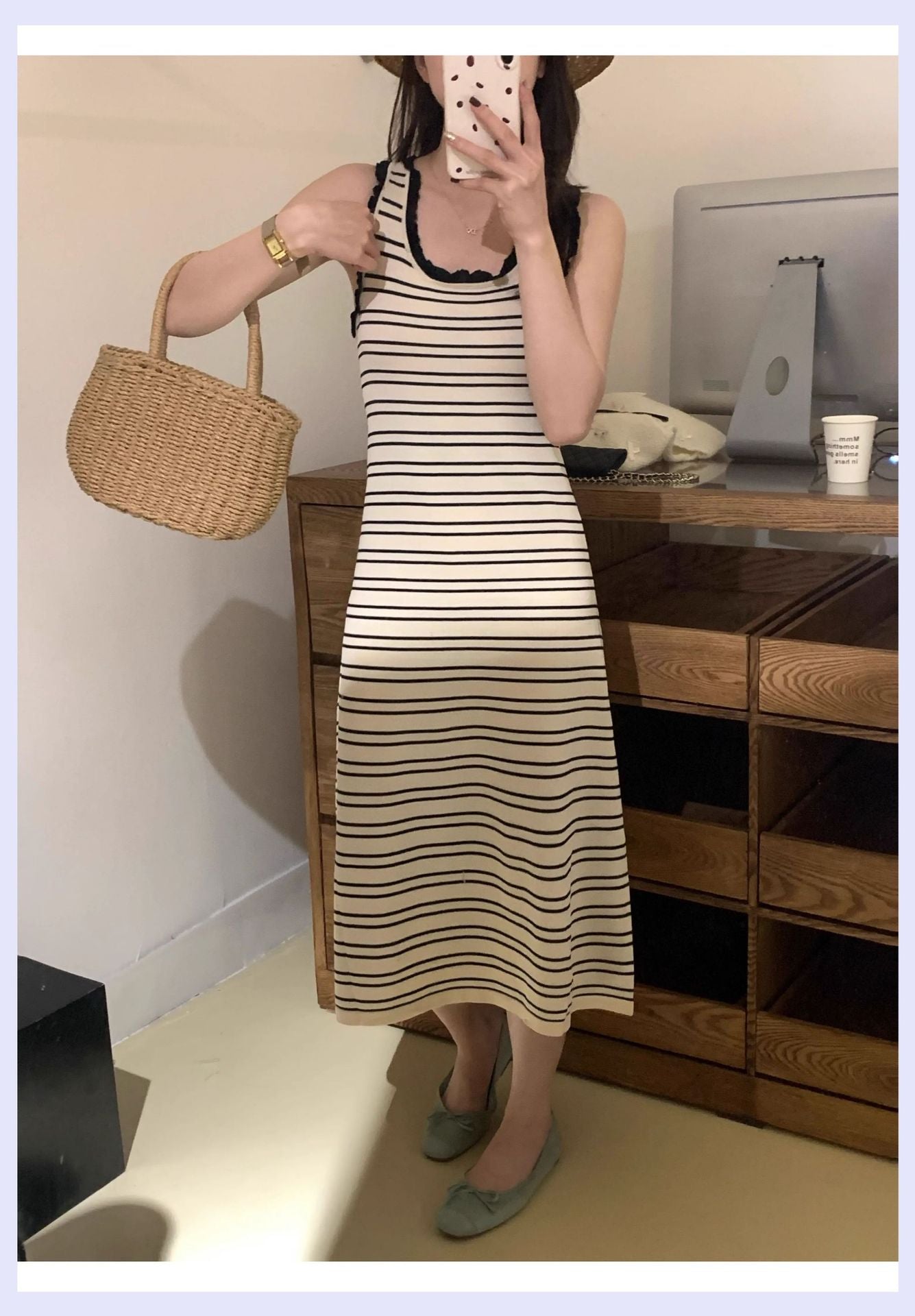 Knitted Sling Pink Dress Women's Summer New Outdoor Hot Girl Chic Waist Slim Fit Inner Wear Temperament Long Dress