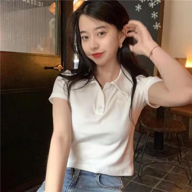 ZllKl  Cotton Korean Style Slim-Fit Love Embroidered Polo Collar Short Sleeve T-shirt Hot Girl Style Short Top Summer Cross-Border