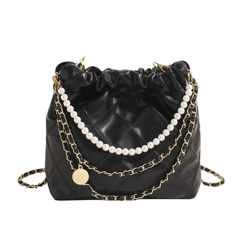 ZllKl  Cross-Border Rhombus Simple Bucket Bag Women's Summer High Sense Niche Crossbody Bag Pearl Chain All-Match Shoulder Bag