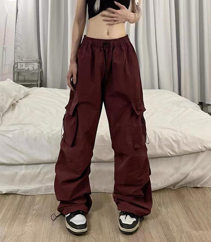 ZllKl  Nylon Quick-Drying Overalls Women's Summer New American Parachute Pants High Waist Wide Leg Leisure Drawstring Sports Pants