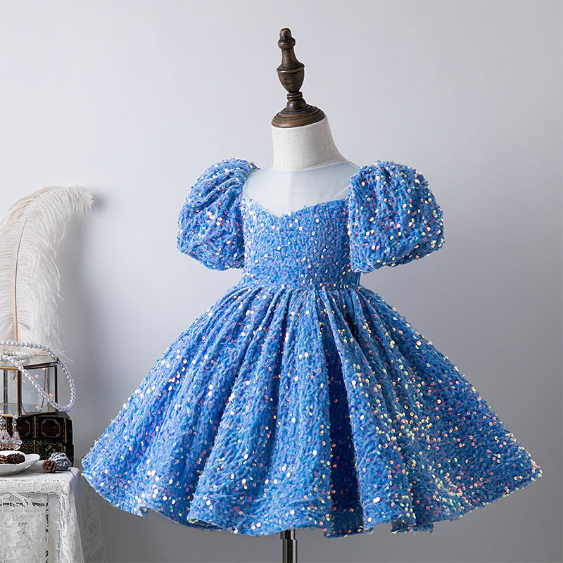 ZllKl  Blue Sequined Children's Dress Girl Princess Dress Birthday Full-Year Baby Girl Catwalk Host Piano Performance Wear