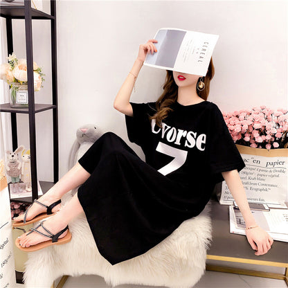 European Station Summer Western Style Youthful-Looking Dress Loose 100.00kg plus Size Women's Clothing Belly Covering Flab Hiding Short Sleeve T-shirt Skirt