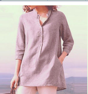 zllkl  Cross-Border Ebay Autumn New European and American Women's Clothing Solid Color Three-Quarter Length Sleeve Stand Collar Cotton and Linen Leisure Pullover Shirt