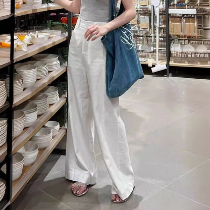 ZllKl  Early Spring New Small White Cotton Linen Wide Leg Pants High Waist Drooping Slimming Straight Casual Pants Women's Clothing