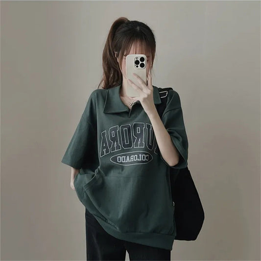 ZllKl Manufacturer sweater polo cotton casual Internet celebrity Korean T-shirt women's short sleeves summer five-quarter sleeves pattern loose niche overs