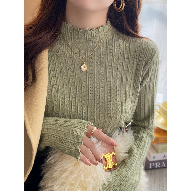 White bottoming shirt women's autumn and winter wear 2024 new semi-turtleneck fungus edge knitted sweater medium neck long-sleeved sweater