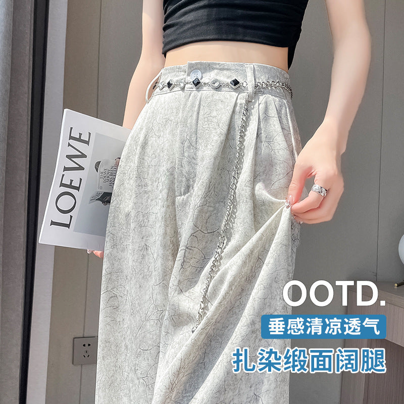 ZllKl  Jacquard Satin Wide-Leg Pants Women's Summer Thin New Chinese Style National Style High Waist Drooping Ice Silk Leisure Straight Suit Pants