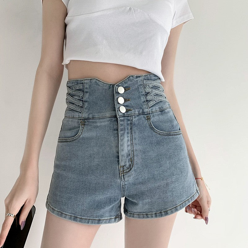 Small High Waist Denim Shorts Women's Summer New New Light Color A- line Slimming Sweet Hot Pants