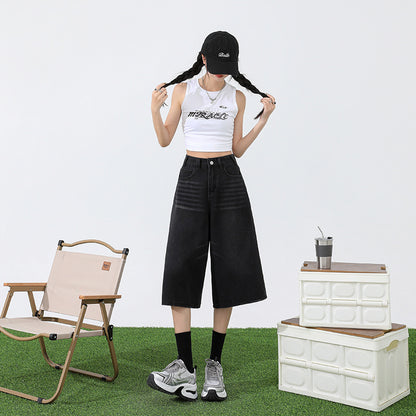 American Retro Black Gray Cropped Denim Shorts Women's Summer New High Waist Straight Short Pants Loose Wide Leg Pants