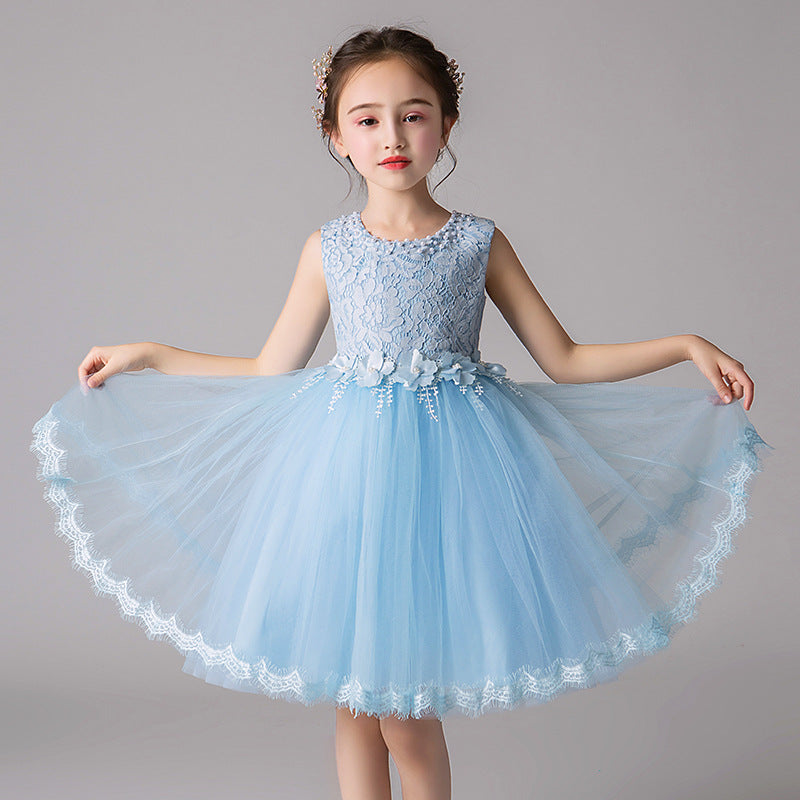 ZllKl  Children's Dress Summer Hot Sale Flower Girl Puffy Gauze Princess Dress Girl Baby Host Costume for Piano Performance Skirt