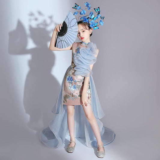 ZllKl  National Fashion Girls Catwalk Dress Exaggerated Chinese Style Children's Model T Stage Fashion Costume Domineering Trendy Clothes Trailing