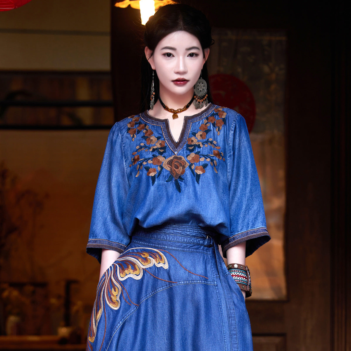 zllkl  New Guo Feng Retro Embroidered Shirt for Women  New Loose plus Size Temperament Slimming Lyocell Denim Top 9377