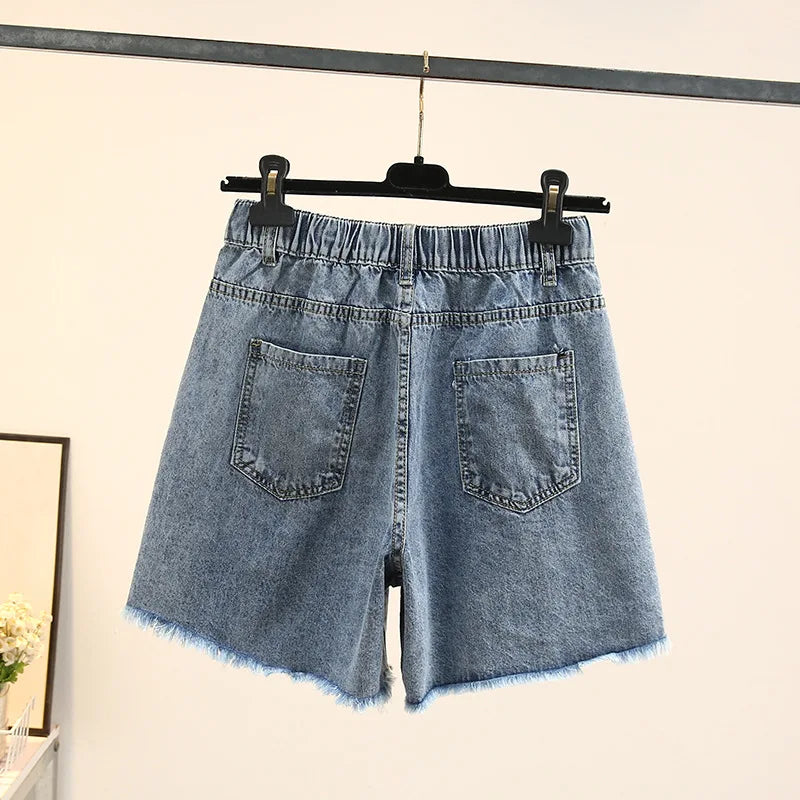 Plus Size Women Denim Shorts  Summer Fashion Straight Jeans Loose Hot Pants Oversized Curve Clothes J4-1048