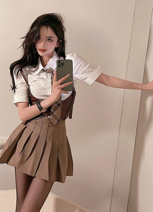 European And American Style JK Uniform Set Hot Girl Slim Girdle Waist Shirt White Short Sleeved Mini Pleated Skirt Khaki Summer