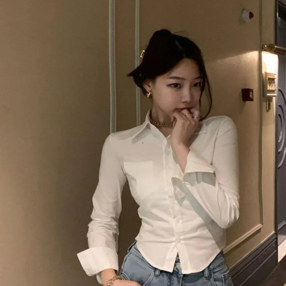 Shirts Women Folds Slim Fit Crop Tops Daily Design White Pure Korean Style Fashion Casual Office Lady All-match Tender Spring