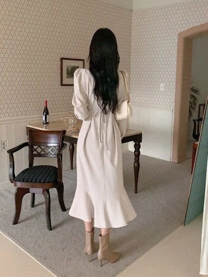 Korea chic elegant V-neck pleated waist bubble sleeve long dresses women Muslim Modest Fashion Maxi Dress