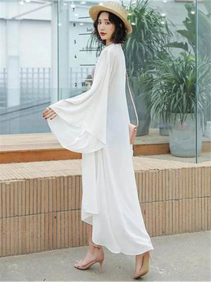 White Black Red Kimono Ladies Sun-protective Women Blouse Summer Batwing Sleeve Long Chiffon Blouse Shirt Loose Kimono Cardigan