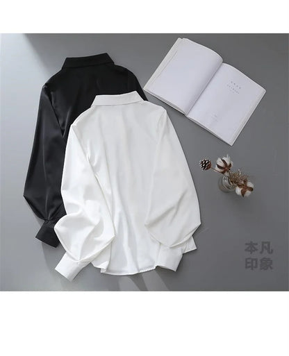 White Women Shirts Lantern Sleeve Loose Turn-down Collar Simple Solid Blouses Design Chic Korean Style Fashion OL Blouse Top