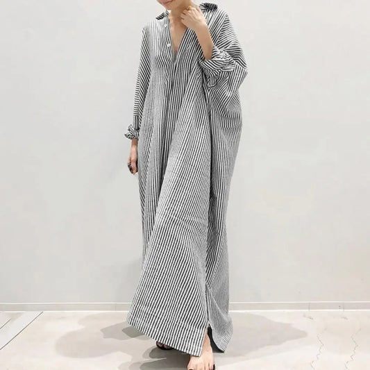 Fashion Women Lapel Neck Striped Dress Autumn Long Sleeve Buttons Maxi Long Dress Elegant Shirt Vestidos Femme Sundress