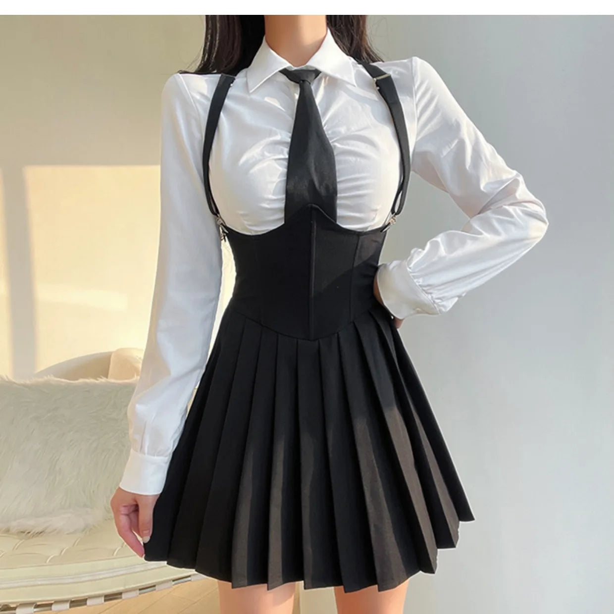 Women Size 4XL Sexy JK Uniform Suit Slim American Sugar Spicy Girls College Style Uniform Set Shirt White + Strap Pleated Skirt