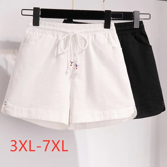 New  Summer Plus Size Shorts For Women Large Casual Black White Wide Leg Pocket Cotton Elastic Shorts 3XL 4XL 5XL 6XL 7XL