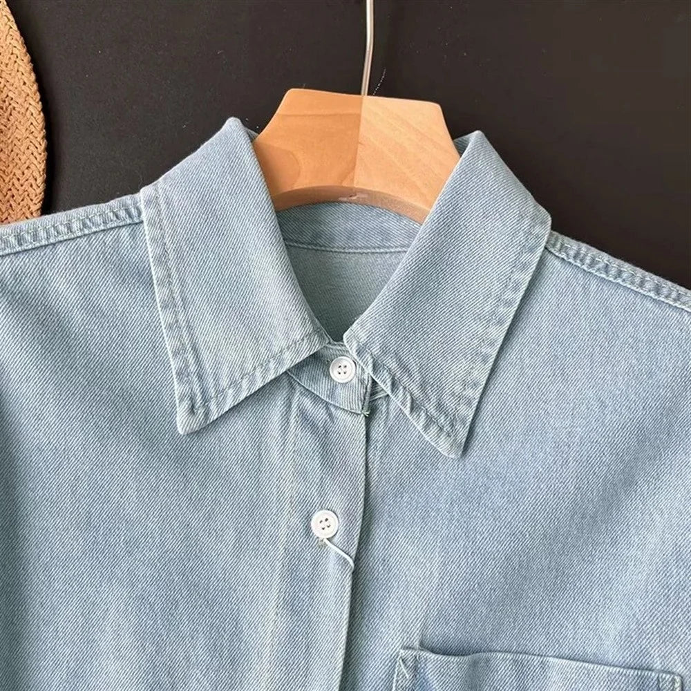 PB&ZA Women's 2024 Summer Simple Casual Pocket Decorated Lapel Short Sleeve Loose Light Blue Denim Short Shirt Top