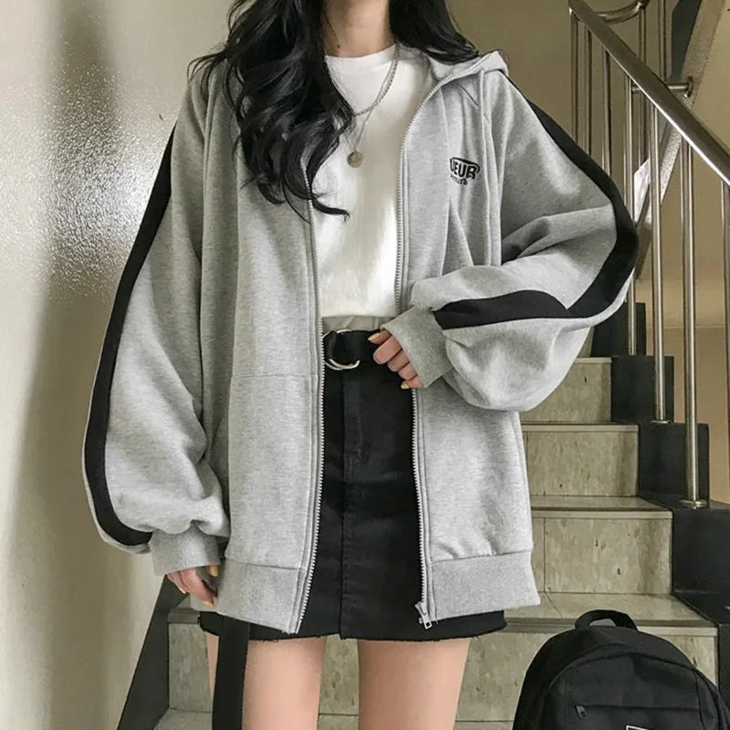 WEIRDO Women Zip Up Sweatshirt Casual Oversized Hooded Korean Style Hoodies Harajuku Solid Long Sleeve Lady Jacket Large Coats