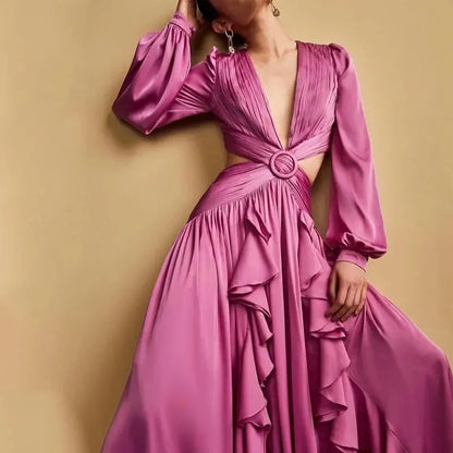 Autumn Women Long Dress Elegant Fashion Solid Lantern Sleeve Hollow Out With Ring Cross Pleated Ruffled Long Dresses Party Dress