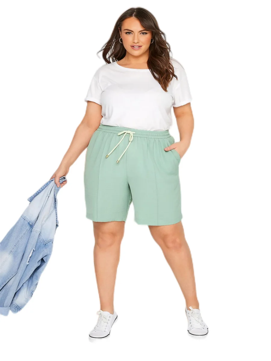 Plus Size Summer Drawstring Waist Casual Shorts Women Light Green Loose Elastic Waist Pocket Sides Workout Shorts Large Size 6XL