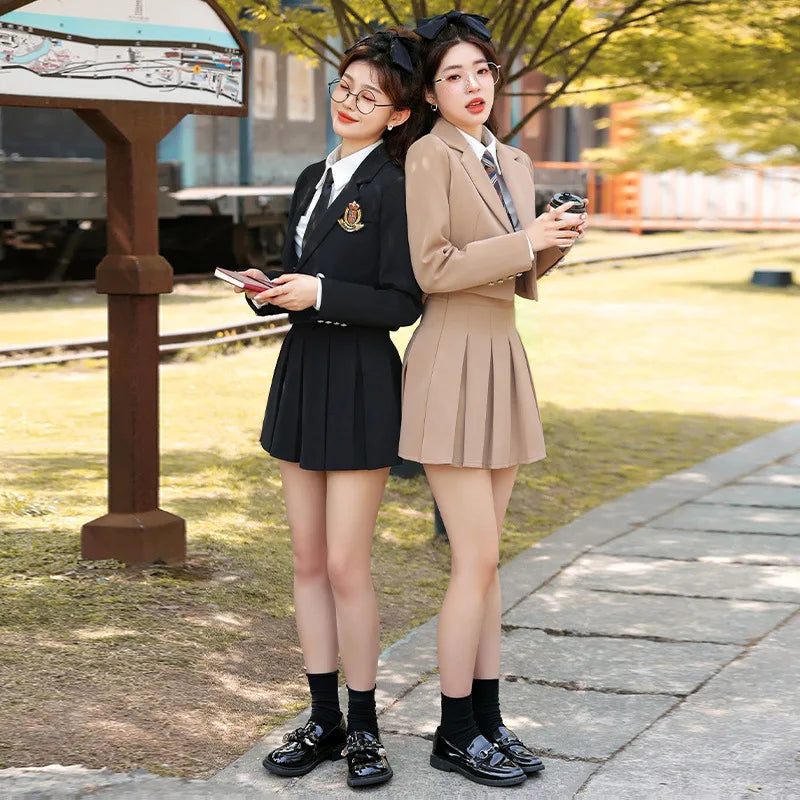 Women's Set 2023 New Short Suit+Pleated Mini Skirt Set Female Student School Uniform Female JK Uniform School Girl Piece Set