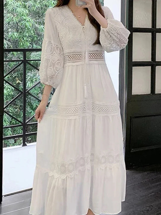 Boho White Dress Women Summer Vintage Long Dresses Female Elegant Hollow Out Dress Ladies Casual Loose Beach Holiday Vestidos